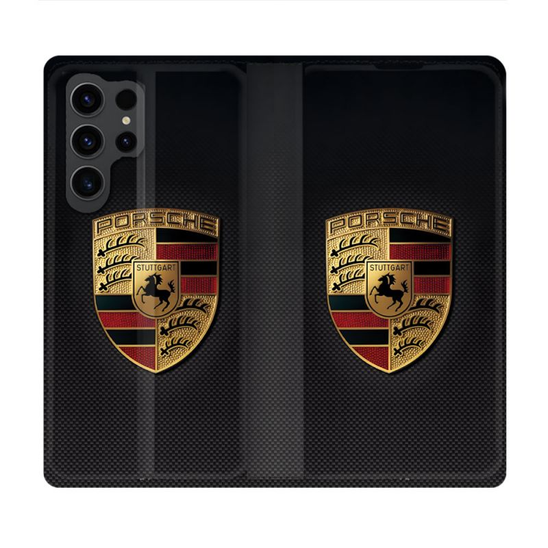 Housse Cuir Portefeuille Pour Samsung Galaxy S23 Ultra Porsche Carbone
