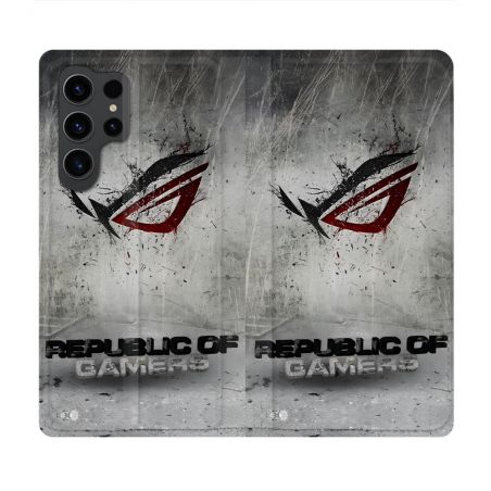 Housse Cuir Portefeuille Pour Samsung Galaxy S23 Ultra ROG Gris
