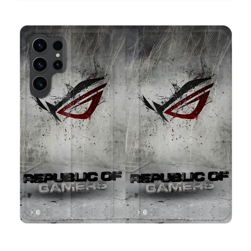 Housse Cuir Portefeuille Pour Samsung Galaxy S23 Ultra ROG Gris