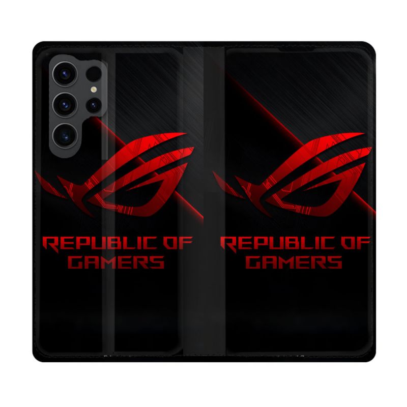 Housse Cuir Portefeuille Pour Samsung Galaxy S23 Ultra ROG Rouge