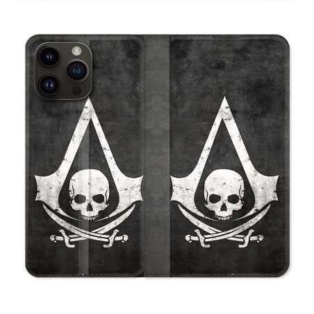 Housse Cuir Portefeuille Pour Iphone 15 Pro Plus Assassin Creed Tete Mort