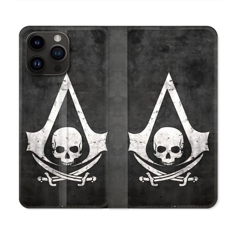 Housse Cuir Portefeuille Pour Iphone 15 Pro Plus Assassin Creed Tete Mort