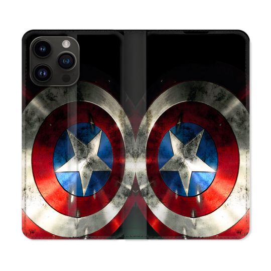 Housse Cuir Portefeuille Pour Iphone 15 Pro Plus Captain America Bouclier