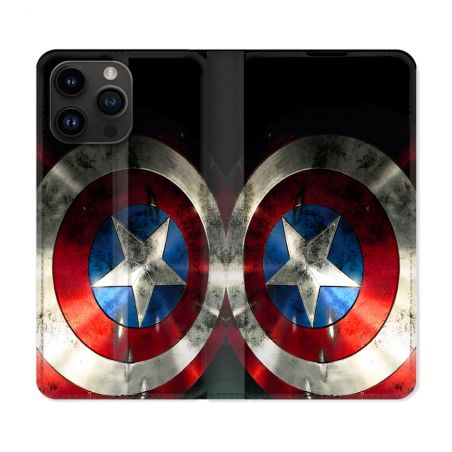Housse Cuir Portefeuille Pour Iphone 15 Pro Plus Captain America Bouclier