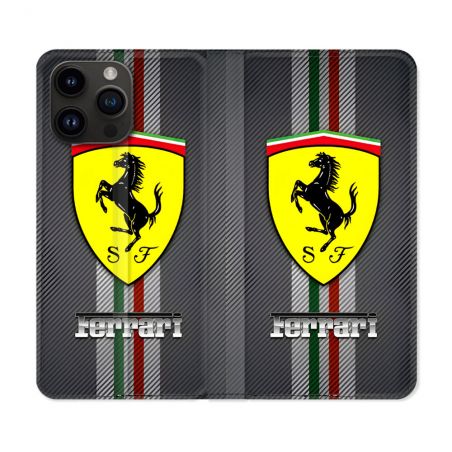 Housse Cuir Portefeuille Pour Iphone 15 Pro Plus Ferrari Carbone