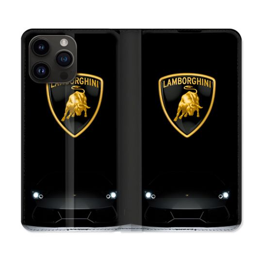 Housse Cuir Portefeuille Pour Iphone 15 Pro Plus Lamborghini Noir