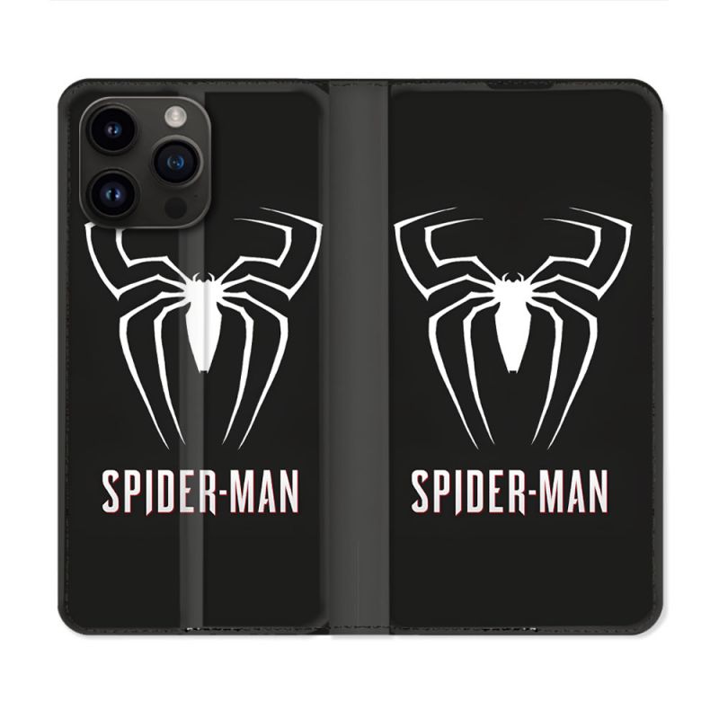Housse Cuir Portefeuille Pour Iphone 15 Pro Plus Spiderman Logo