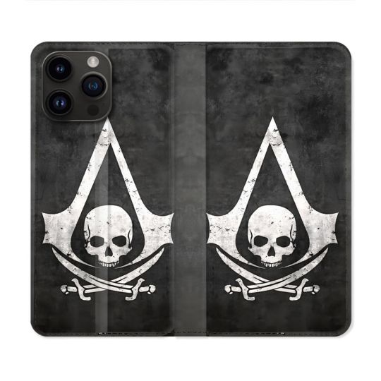 Housse Cuir Portefeuille Pour Iphone 15 Pro (6.1) Assassin Creed Tete Mort