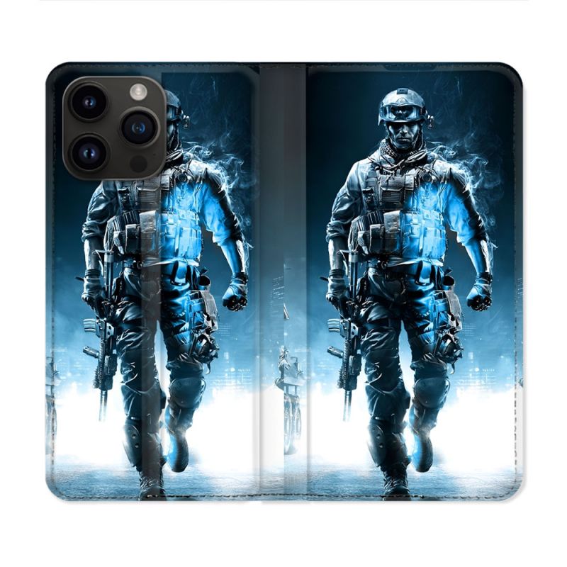Housse Cuir Portefeuille Pour Iphone 15 Pro (6.1) Call Of Duty Guerrier