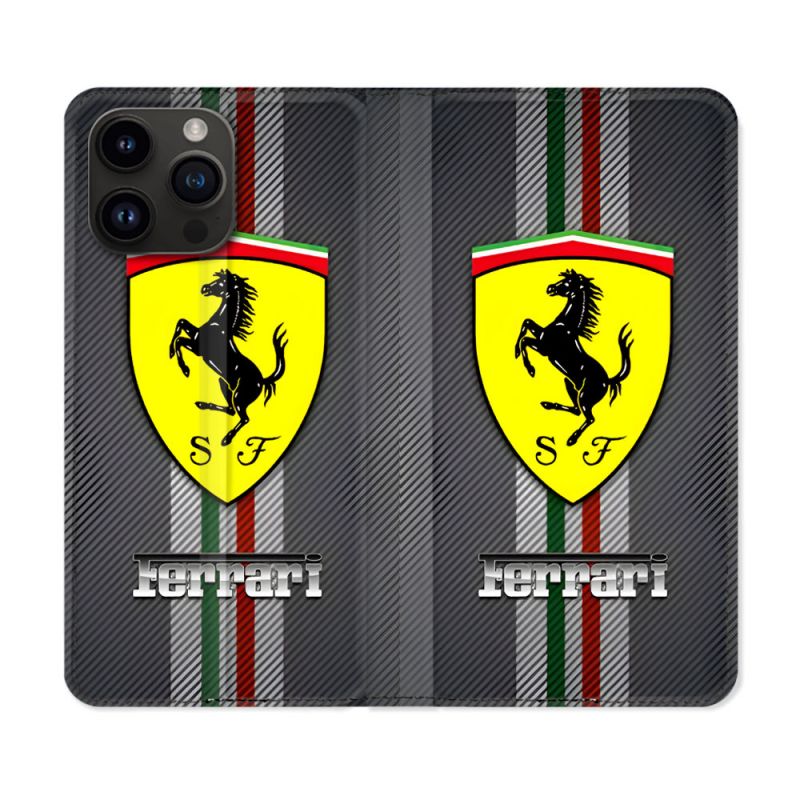 Housse Cuir Portefeuille Pour Iphone 15 Pro (6.1) Ferrari Carbone