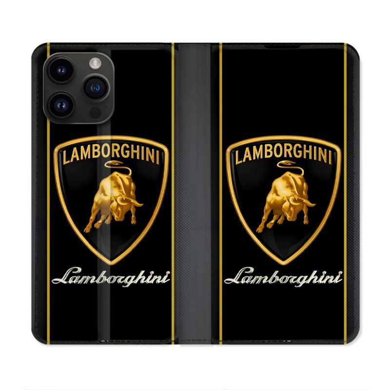 Housse Cuir Portefeuille Pour Iphone 15 Pro (6.1) Lamborghini Carbone