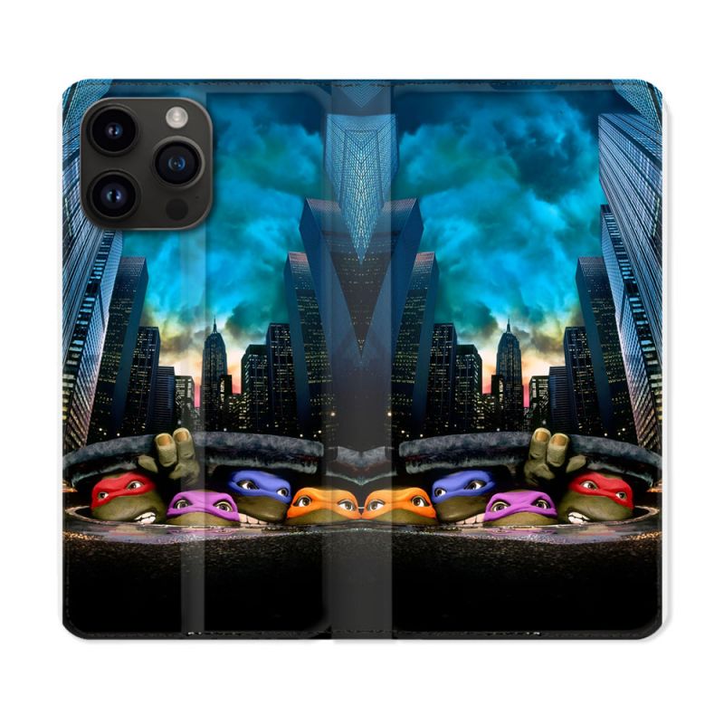 Housse Cuir Portefeuille Pour Iphone 15 Pro (6.1) Tortue Ninja Ville