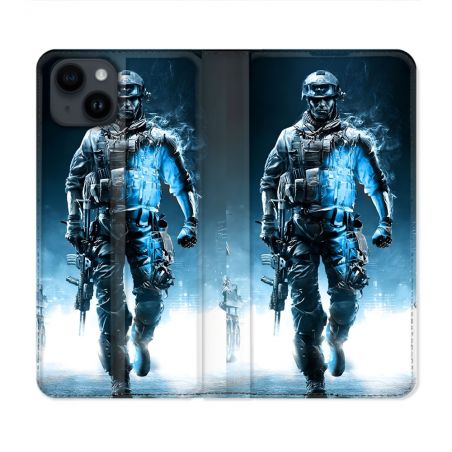 Housse Cuir Portefeuille Pour Iphone 15 Plus (6.7) Call Of Duty Guerrier