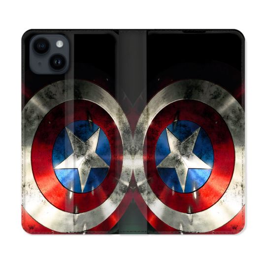 Housse Cuir Portefeuille Pour Iphone 15 Plus (6.7) Captain America Bouclier