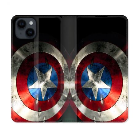 Housse Cuir Portefeuille Pour Iphone 15 Plus (6.7) Captain America Bouclier