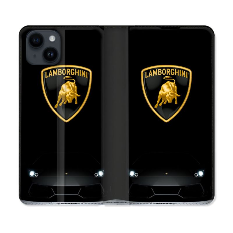Housse Cuir Portefeuille Pour Iphone 15 Plus (6.7) Lamborghini Noir