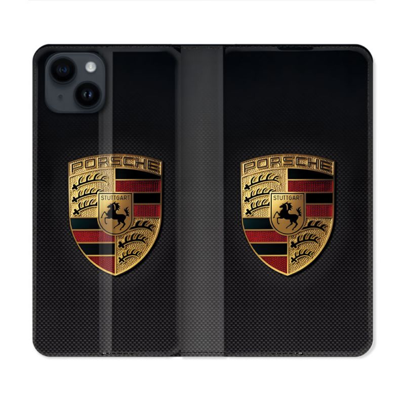 Housse Cuir Portefeuille Pour Iphone 15 Plus (6.7) Porsche Carbone