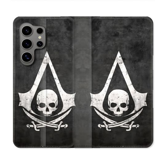 Housse Cuir Portefeuille Pour Samsung Galaxy S24 Ultra Assassin Creed Tete Mort