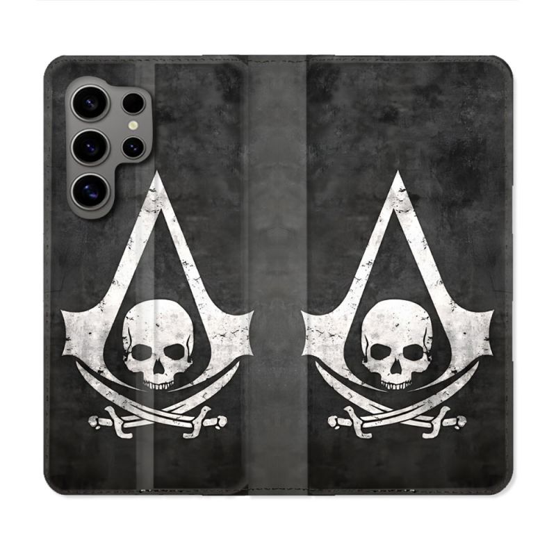 Housse Cuir Portefeuille Pour Samsung Galaxy S24 Ultra Assassin Creed Tete Mort