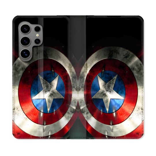 Housse Cuir Portefeuille Pour Samsung Galaxy S24 Ultra Captain America Bouclier