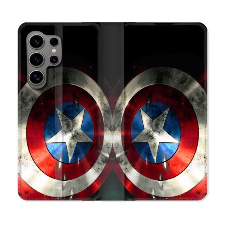 Housse Cuir Portefeuille Pour Samsung Galaxy S24 Ultra Captain America Bouclier