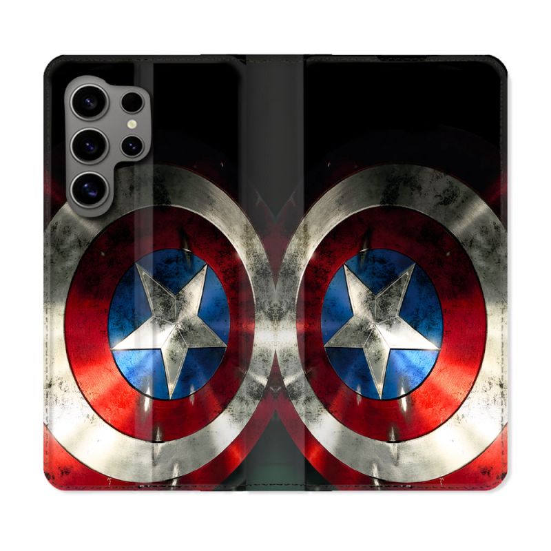 Housse Cuir Portefeuille Pour Samsung Galaxy S24 Ultra Captain America Bouclier