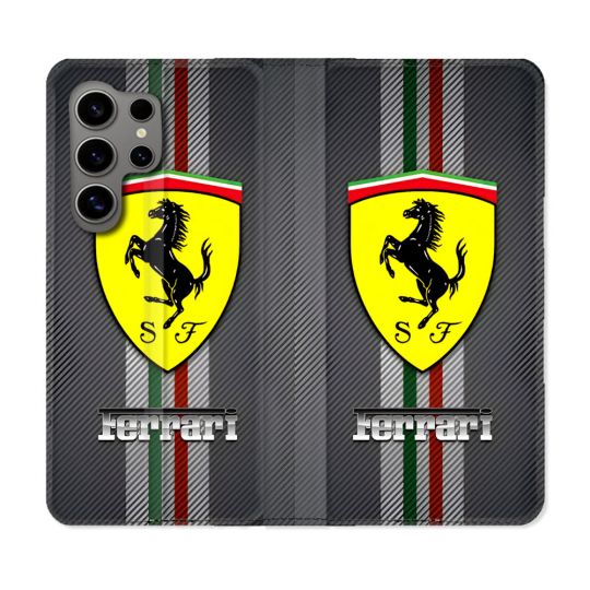 Housse Cuir Portefeuille Pour Samsung Galaxy S24 Ultra Ferrari Carbone