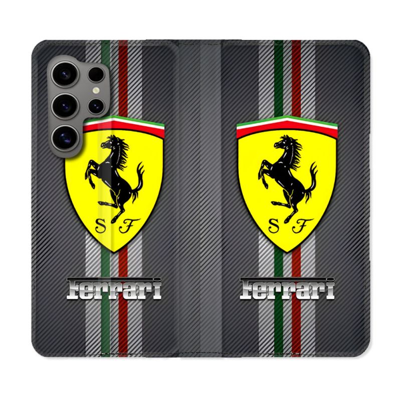 Housse Cuir Portefeuille Pour Samsung Galaxy S24 Ultra Ferrari Carbone