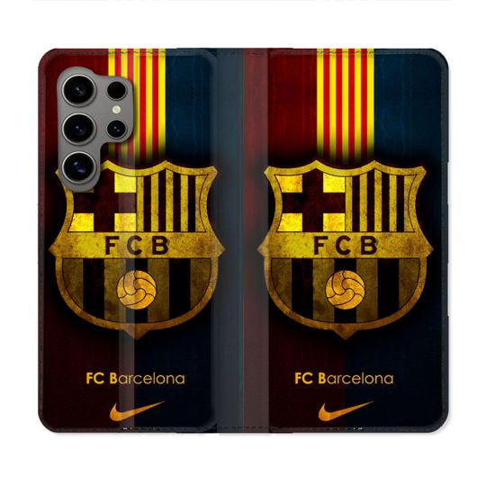 Housse Cuir Portefeuille Pour Samsung Galaxy S24 Ultra Foot FC Barcelone Vintage