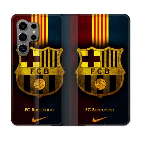 Housse Cuir Portefeuille Pour Samsung Galaxy S24 Ultra Foot FC Barcelone Vintage