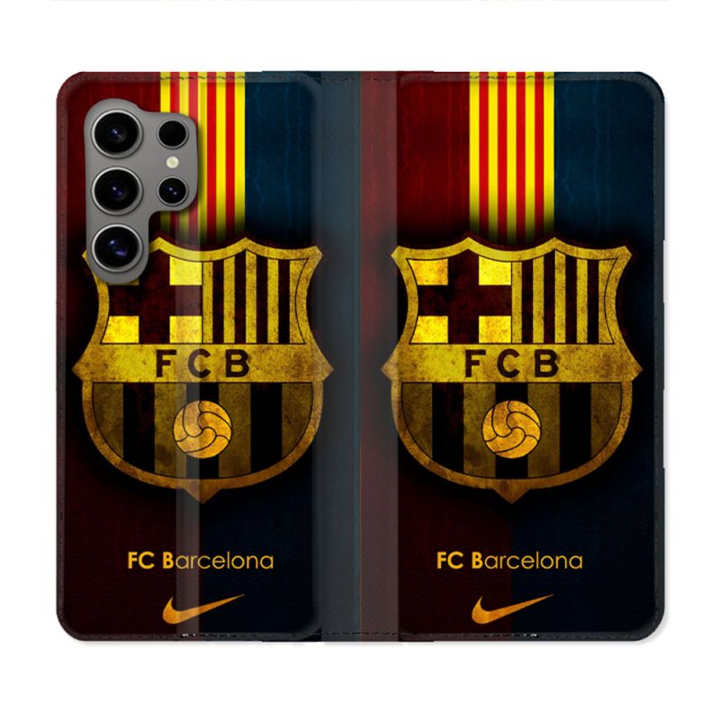 Housse Cuir Portefeuille Pour Samsung Galaxy S24 Ultra Foot FC Barcelone Vintage