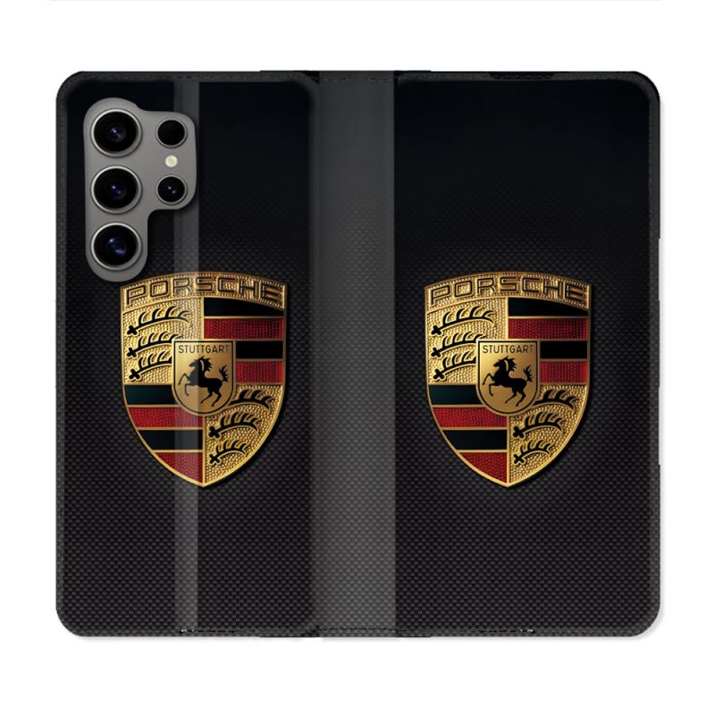 Housse Cuir Portefeuille Pour Samsung Galaxy S24 Ultra Porsche Carbone