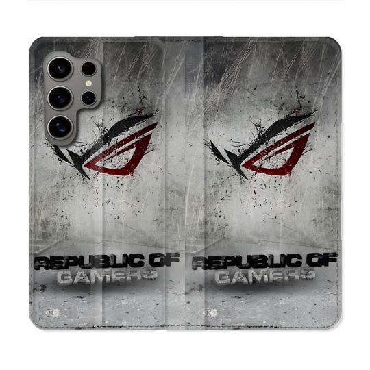 Housse Cuir Portefeuille Pour Samsung Galaxy S24 Ultra ROG Gris