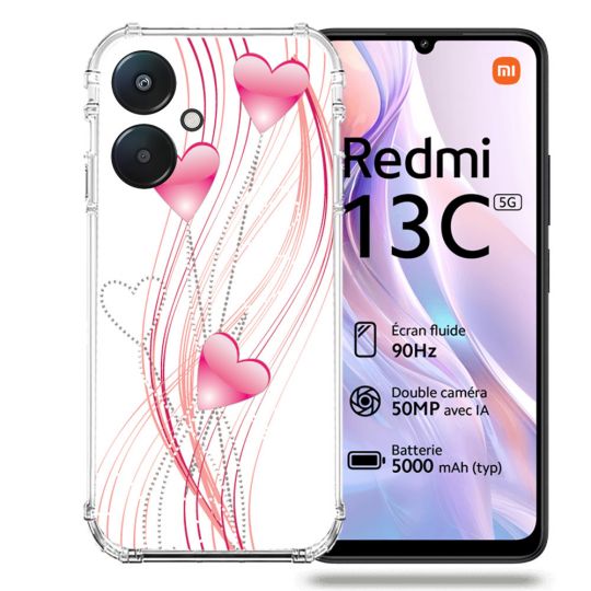 Coque Renforcée Pour Xiaomi Redmi 13C 5G Amour Coeur Rose Montant sur Blanc