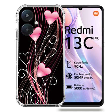 Coque Renforcée Pour Xiaomi Redmi 13C 5G Amour Coeur Rose Montant sur Noir