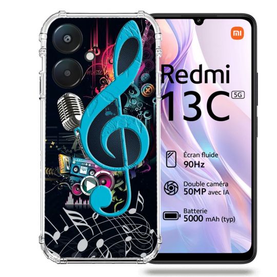 Coque Renforcée Pour Xiaomi Redmi 13C 5G Musique Cle Sol Bleu