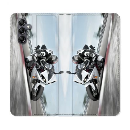 Housse Cuir Portefeuille Pour Samsung Galaxy A35 5G Moto Course GP Blanche