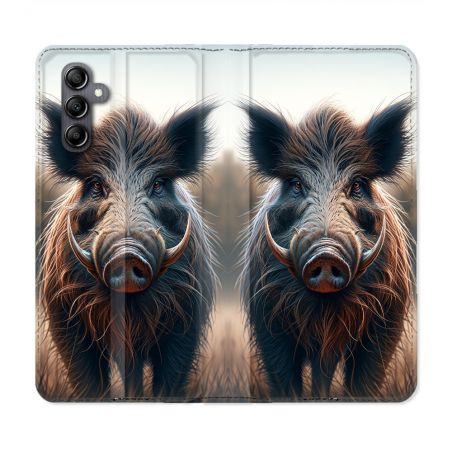 Housse Cuir Portefeuille Pour Samsung Galaxy A55 5G Chasse Sanglier Attaque