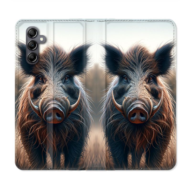 Housse Cuir Portefeuille Pour Samsung Galaxy A55 5G Chasse Sanglier Attaque