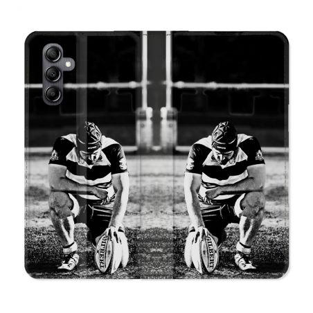 Housse Cuir Portefeuille Pour Samsung Galaxy A55 5G Sport Rugby Noir Blanc