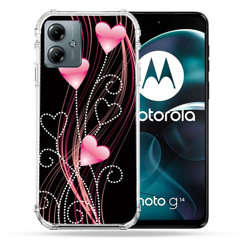 Coque Renforcée Pour Motorola G14 4G Amour Coeur Rose Montant sur Noir