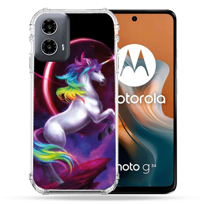 Coque Renforcée Pour Motorola G34 5G Fantastique Licorne Arc en ciel