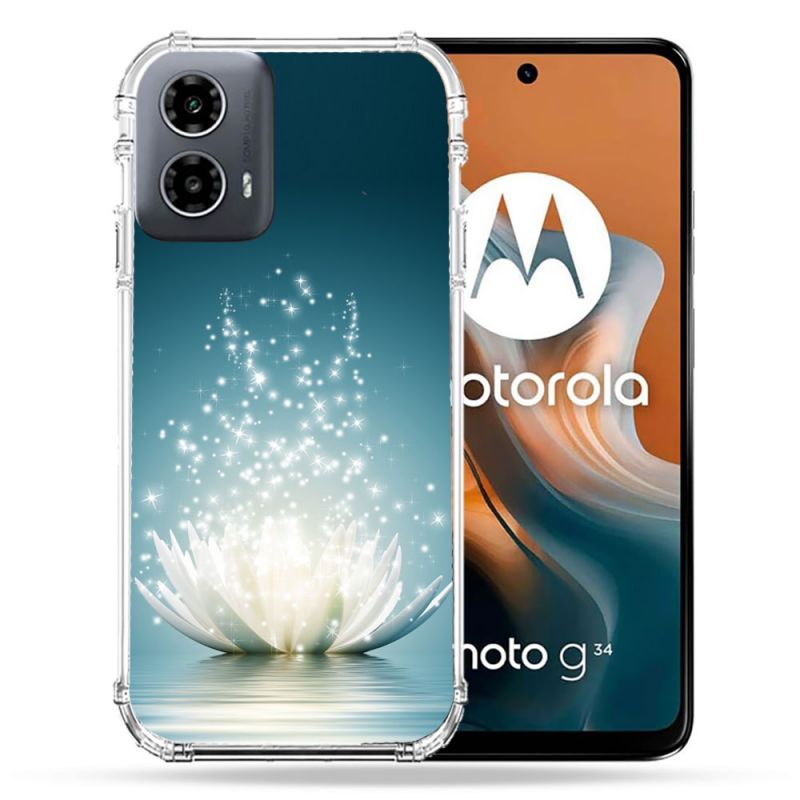 Coque Renforcée Pour Motorola G34 5G Fleur Lotus Blanc