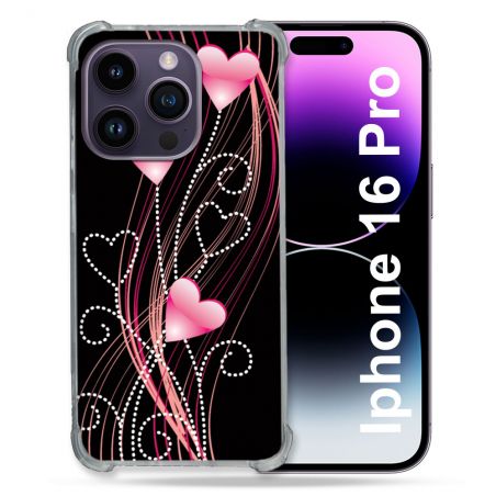 Coque Renforcée Pour Apple Iphone 16 Pro Amour Coeur Rose Montant sur Noir