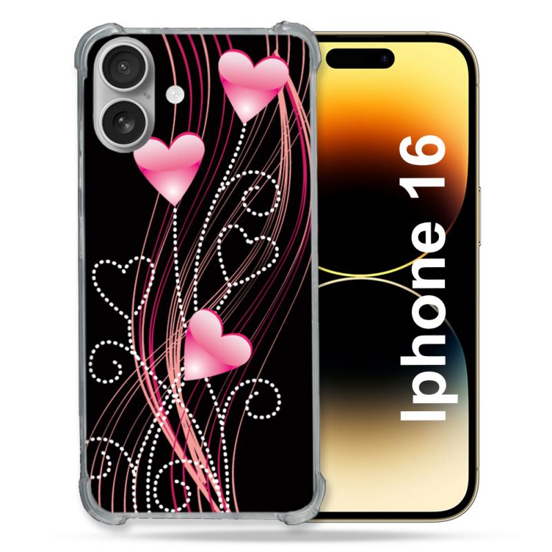Coque Renforcée Pour Apple Iphone 16 Plus Amour Coeur Rose Montant sur Noir