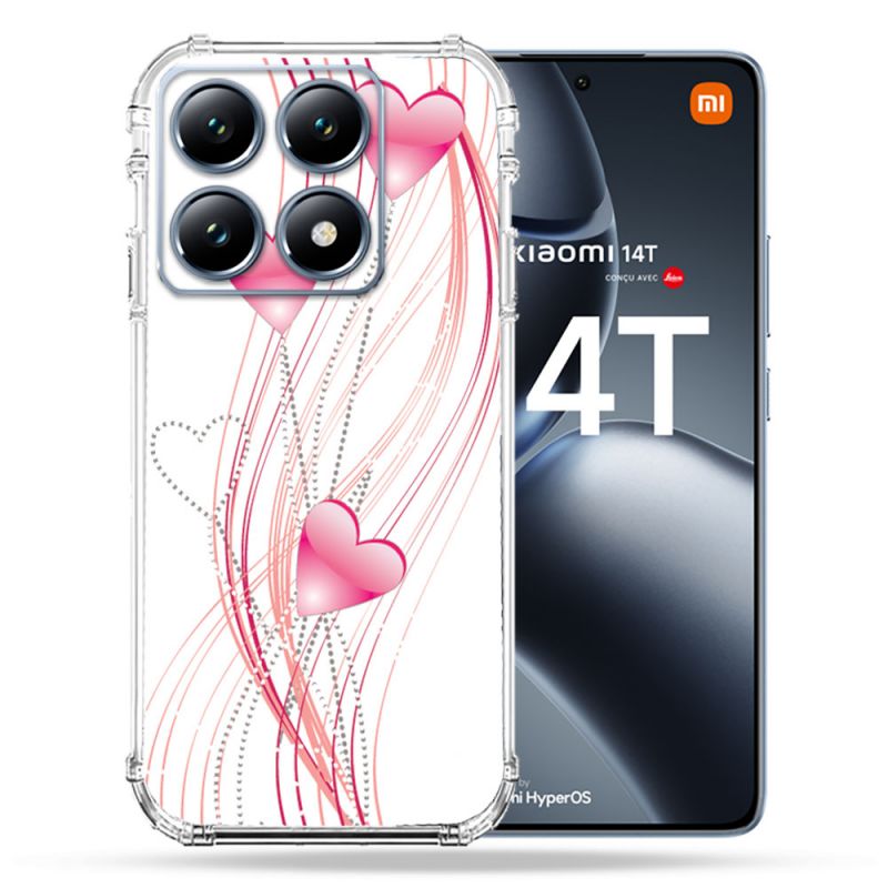 Coque Renforcée Pour Xiaomi 14T / 14T Pro Amour Coeur Rose Montant sur Blanc