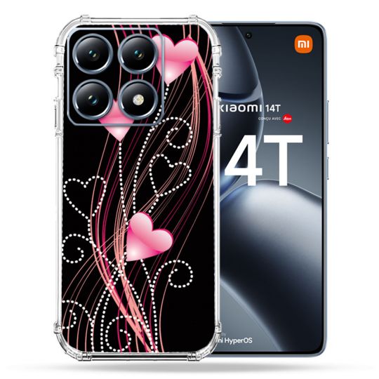 Coque Renforcée Pour Xiaomi 14T / 14T Pro Amour Coeur Rose Montant sur Noir