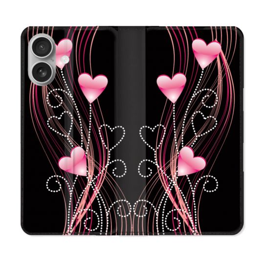 Housse Cuir Portefeuille Pour Samsung Galaxy A06 Amour Coeur Rose Montant sur Noir
