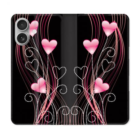 Housse Cuir Portefeuille Pour Samsung Galaxy A06 Amour Coeur Rose Montant sur Noir