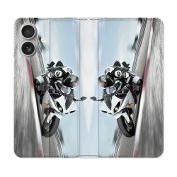Housse Cuir Portefeuille Pour Samsung Galaxy A06 Moto Course GP Blanche